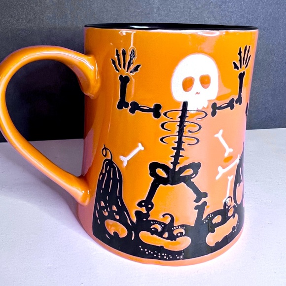 Halloween Ceramic Happy Boo Black White Skeleton Orange Mug Pumpkins Bones - Picture 3 of 6